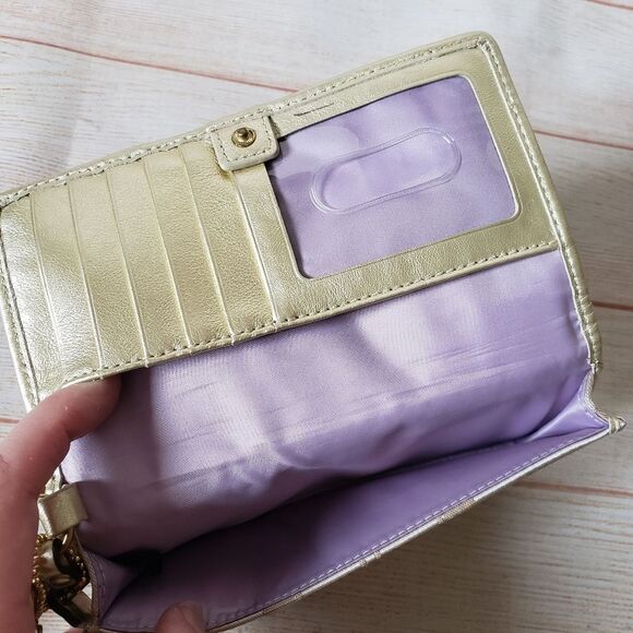 Coach Fabric Leather Logo Wristlet Wallet Metallic Gold Tan Fun Print - Picture 13 of 16